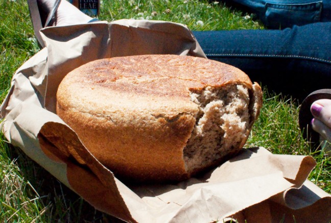 Enjoying the hot-out-of-the-oven bread from Fort Henry’s bakery for our snack break.