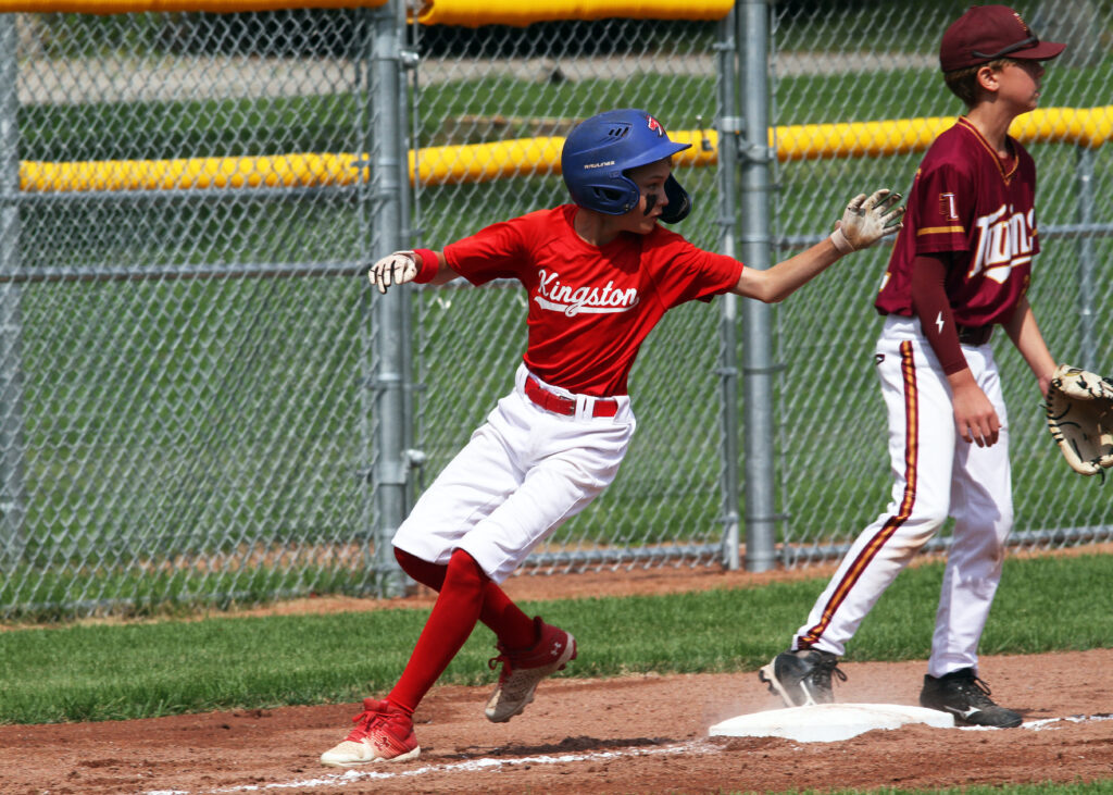 A player running to base at the Canadian Little League Championships