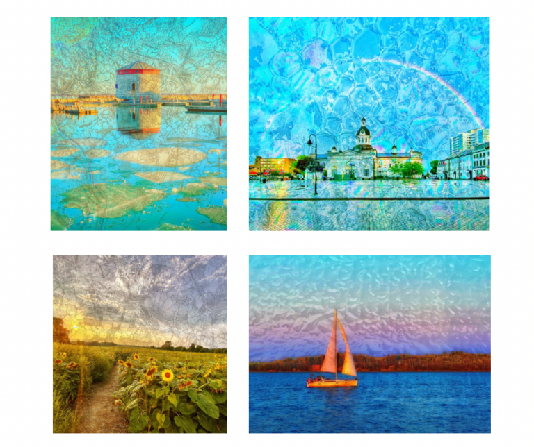 a collage of four of Carolina's textured photographs featuring city hall, a Martello tower, a sailboat on the waterfront and Kingston's great outdoors