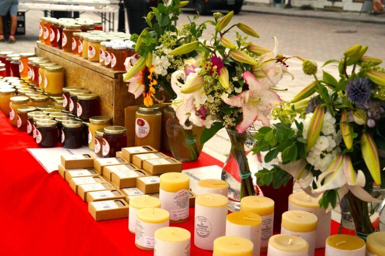 honey, flowers, hand-creams and soaps line the Wilson Apiaries market stall